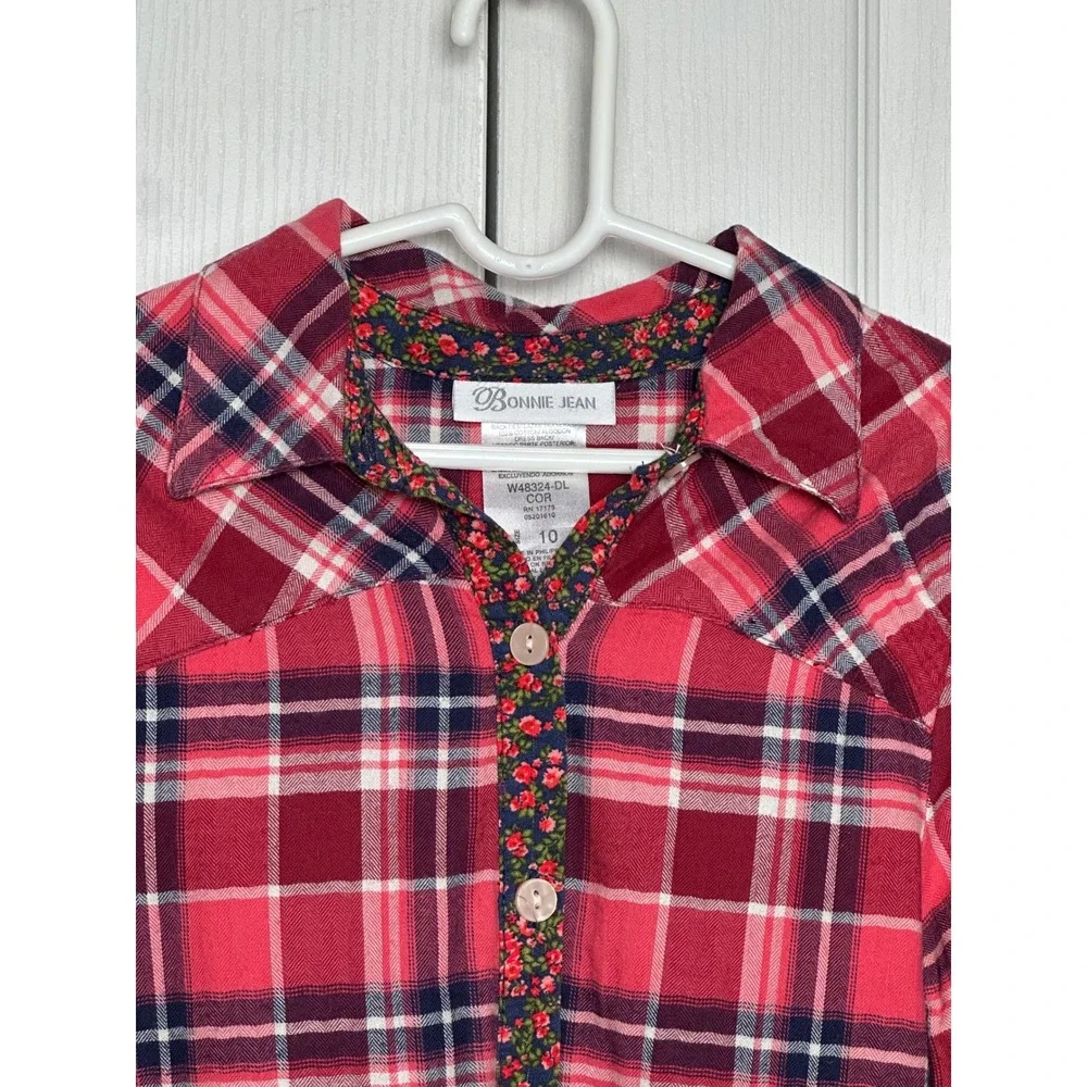 Bonnie Jean Girls Long Sleeve Red Plaid Floral Mixed Media Shirt Dress Size 10